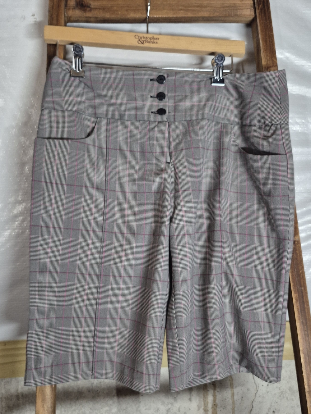 Speechless Gray Plaid Bermuda Shorts with Pink Windowpane